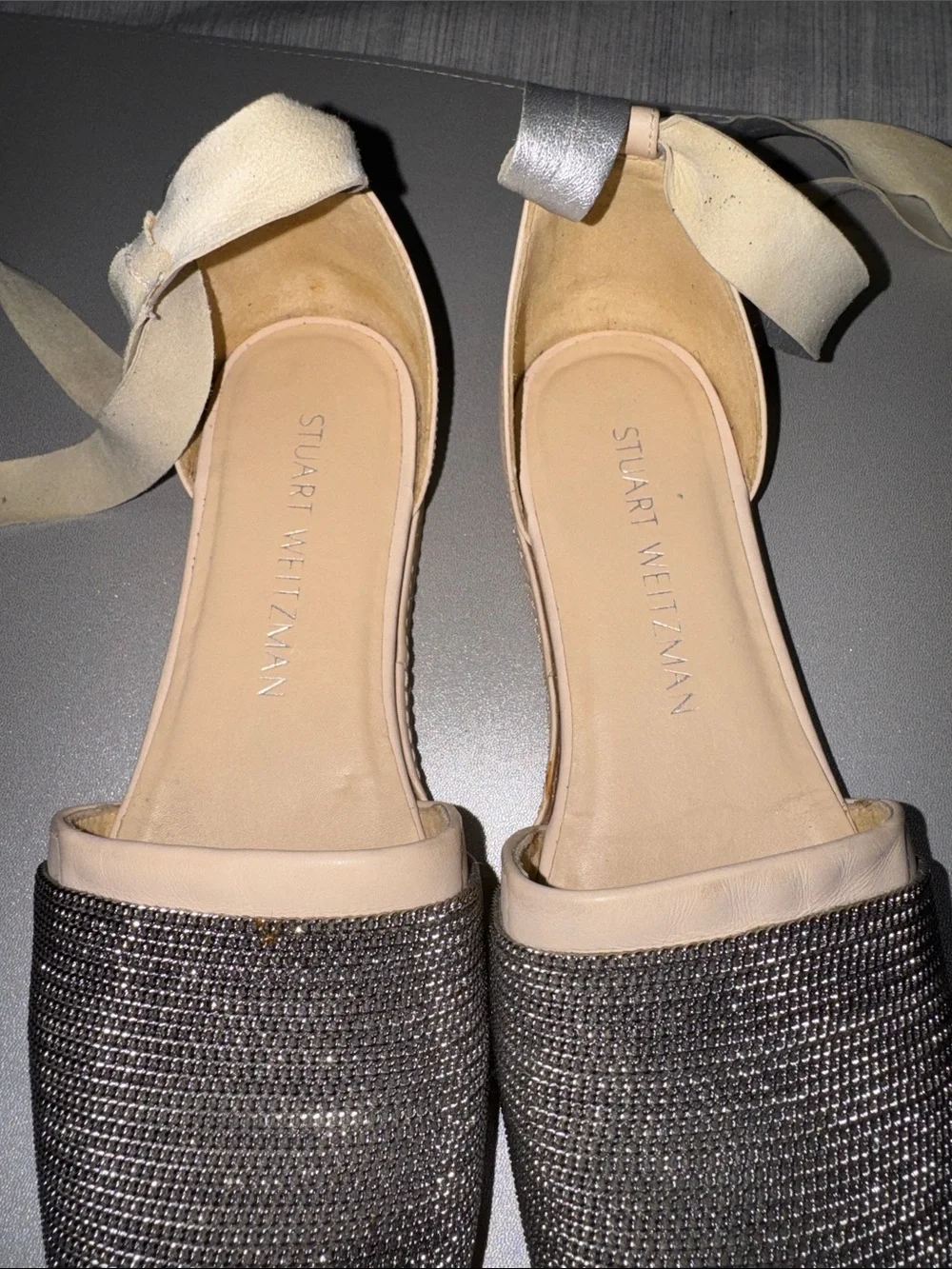 Stuart Weitzman Leather Roman Mail Armor Silver Chain Ballerina Lace Up Flats